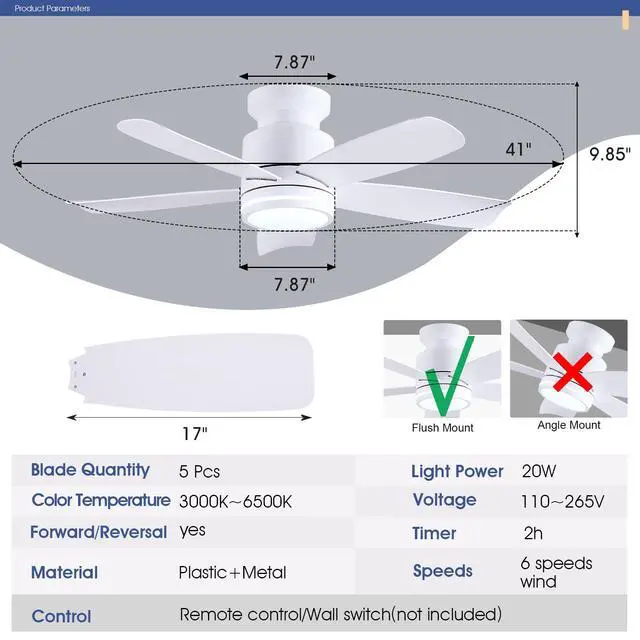 Alt view image 4 of 7 - 41 Inch Flush Mount Ceiling Fan with Light Remote 6-Speed, White | 5 Reversible Plastic Blades,6-Speed & 2-Hour Timer,Remote Control,3 CCT Dimmable LED Lights for Bedroom