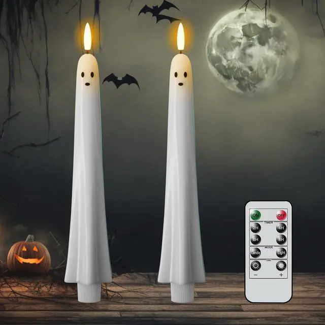 Main image of Halloween Ghost Flameless Taper Candles Flickering Remote Timer | Battery Operated LED Candlesticks, 3D Wick Hand Painted Wax, 400 Hours Long Lasting, Dinner Indoor Decor, 0.79"x9.5", 2Pack