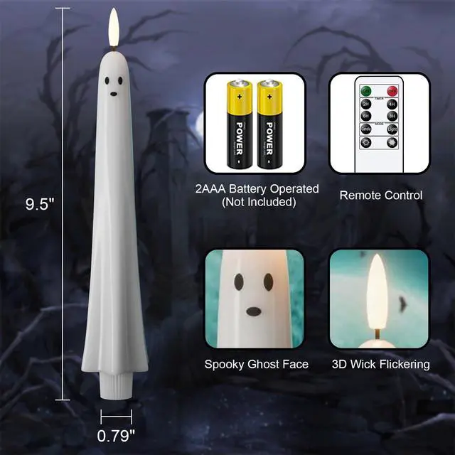 Alt view image 2 of 7 - Halloween Ghost Flameless Taper Candles Flickering Remote Timer | Battery Operated LED Candlesticks, 3D Wick Hand Painted Wax, 400 Hours Long Lasting, Dinner Indoor Decor, 0.79"x9.5", 2Pack
