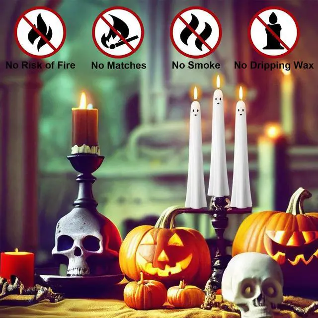 Alt view image 3 of 7 - Halloween Ghost Flameless Taper Candles Flickering Remote Timer | Battery Operated LED Candlesticks, 3D Wick Hand Painted Wax, 400 Hours Long Lasting, Dinner Indoor Decor, 0.79"x9.5", 2Pack