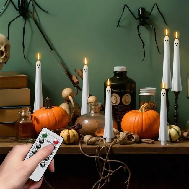 Alt view image 5 of 7 - Halloween Ghost Flameless Taper Candles Flickering Remote Timer | Battery Operated LED Candlesticks, 3D Wick Hand Painted Wax, 400 Hours Long Lasting, Dinner Indoor Decor, 0.79"x9.5", 2Pack