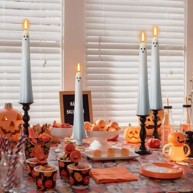 Alt view image 6 of 7 - Halloween Ghost Flameless Taper Candles Flickering Remote Timer | Battery Operated LED Candlesticks, 3D Wick Hand Painted Wax, 400 Hours Long Lasting, Dinner Indoor Decor, 0.79"x9.5", 2Pack