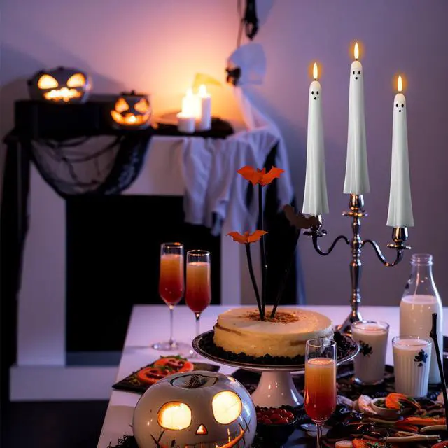 Alt view image 7 of 7 - Halloween Ghost Flameless Taper Candles Flickering Remote Timer | Battery Operated LED Candlesticks, 3D Wick Hand Painted Wax, 400 Hours Long Lasting, Dinner Indoor Decor, 0.79"x9.5", 2Pack