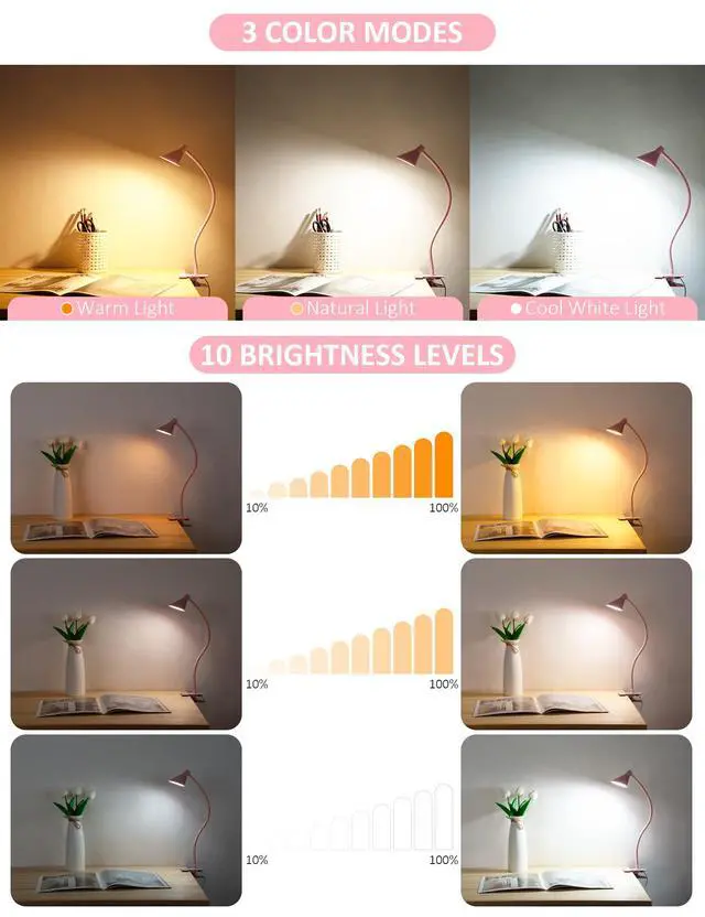 Alt view image 2 of 7 - Pink Small Desk Lamp Clip on LED Reading Light for Bed | 3 Color Modes 10 Dimmable Brightness, Book in Bed Headboard, Flexible Reading Lamp with Clamp BL08