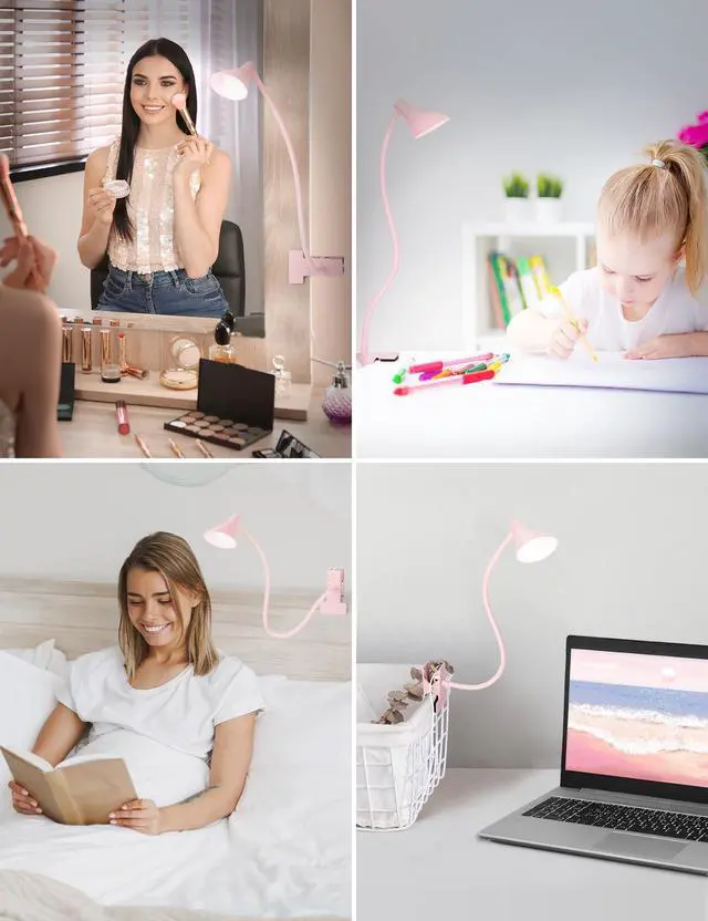 Alt view image 6 of 7 - Pink Small Desk Lamp Clip on LED Reading Light for Bed | 3 Color Modes 10 Dimmable Brightness, Book in Bed Headboard, Flexible Reading Lamp with Clamp BL08
