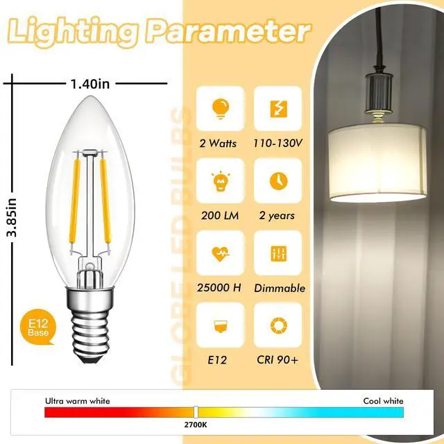 Alt view image 3 of 7 - Dimmable E12 LED Bulbs,25 Watt Candelabra Light Bulbs for Chandelier | Vintage Candle Light Bulb,B11 Type B Filament Light Bulbs Ceiling Fan,2700K Warm White,Free-Flicker,120V,200LM,6pcs