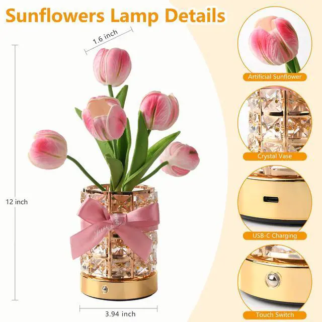 Alt view image 2 of 7 - Handmade Flower Lamp,Rechargeable Cordless Touch Table Lamp,3-Colour Infinitely Dimming Small Night Light,Festival Restaurant Bedroom Bar Coffee Shop Birthday Gifts for Women Mom, Tulip Flower
