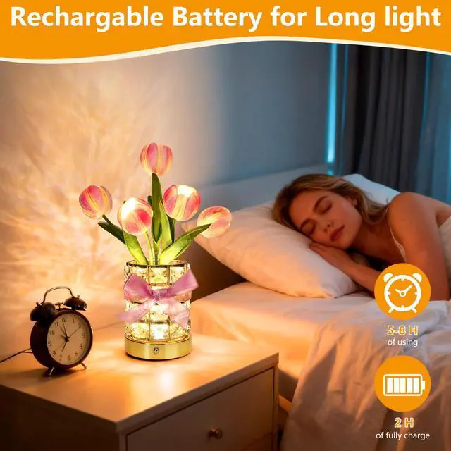 Alt view image 4 of 7 - Handmade Flower Lamp,Rechargeable Cordless Touch Table Lamp,3-Colour Infinitely Dimming Small Night Light,Festival Restaurant Bedroom Bar Coffee Shop Birthday Gifts for Women Mom, Tulip Flower