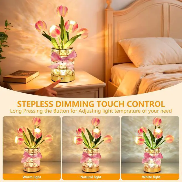 Alt view image 3 of 7 - Handmade Flower Lamp,Rechargeable Cordless Touch Table Lamp,3-Colour Infinitely Dimming Small Night Light,Festival Restaurant Bedroom Bar Coffee Shop Birthday Gifts for Women Mom, Tulip Flower