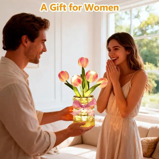 Alt view image 6 of 7 - Handmade Flower Lamp,Rechargeable Cordless Touch Table Lamp,3-Colour Infinitely Dimming Small Night Light,Festival Restaurant Bedroom Bar Coffee Shop Birthday Gifts for Women Mom, Tulip Flower