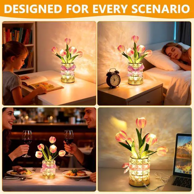 Alt view image 5 of 7 - Handmade Flower Lamp,Rechargeable Cordless Touch Table Lamp,3-Colour Infinitely Dimming Small Night Light,Festival Restaurant Bedroom Bar Coffee Shop Birthday Gifts for Women Mom, Tulip Flower