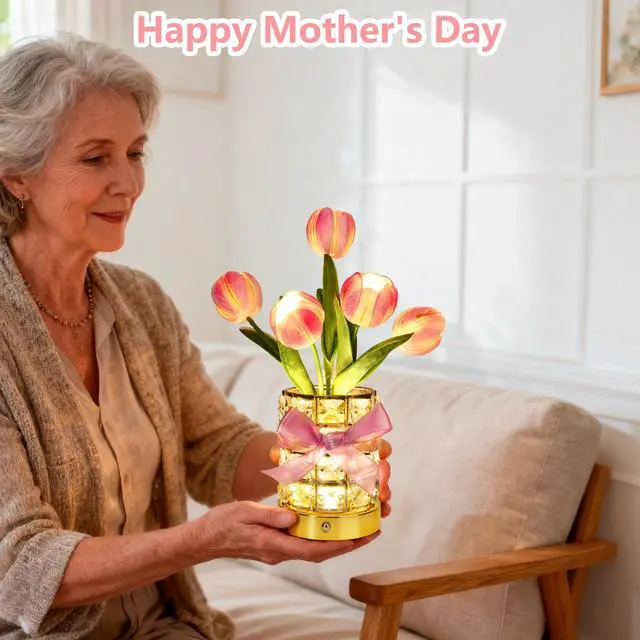 Alt view image 7 of 7 - Handmade Flower Lamp,Rechargeable Cordless Touch Table Lamp,3-Colour Infinitely Dimming Small Night Light,Festival Restaurant Bedroom Bar Coffee Shop Birthday Gifts for Women Mom, Tulip Flower
