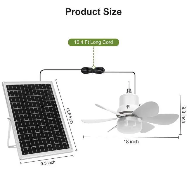 Alt view image 2 of 7 - 18" Solar Ceiling Fan Light with Battery for Gazebo Patio | Remote Control, Rechargeable, 3 Fan Speeds & 3 Colors Light, for Patio, Canopy Tent, Chicken Coop & Greenhouse