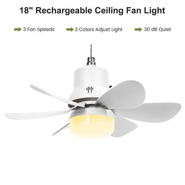 Alt view image 3 of 7 - 18" Solar Ceiling Fan Light with Battery for Gazebo Patio | Remote Control, Rechargeable, 3 Fan Speeds & 3 Colors Light, for Patio, Canopy Tent, Chicken Coop & Greenhouse