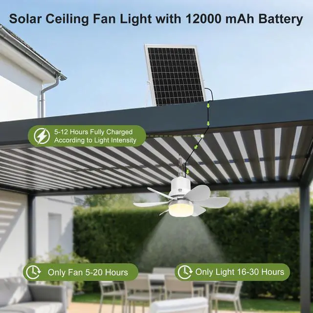 Alt view image 4 of 7 - 18" Solar Ceiling Fan Light with Battery for Gazebo Patio | Remote Control, Rechargeable, 3 Fan Speeds & 3 Colors Light, for Patio, Canopy Tent, Chicken Coop & Greenhouse