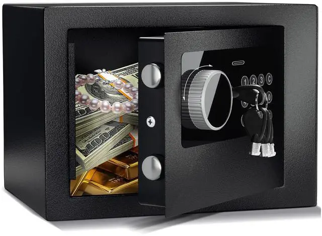 Main image of Digital Electronic Money Safe, Steel Security Lock Box with Keypad, Office Hotel Business Jewelry Gun Cash Safe, 0.23 Cubic Feet, 9.06" W x 6.69" D x 6.69" Hblack