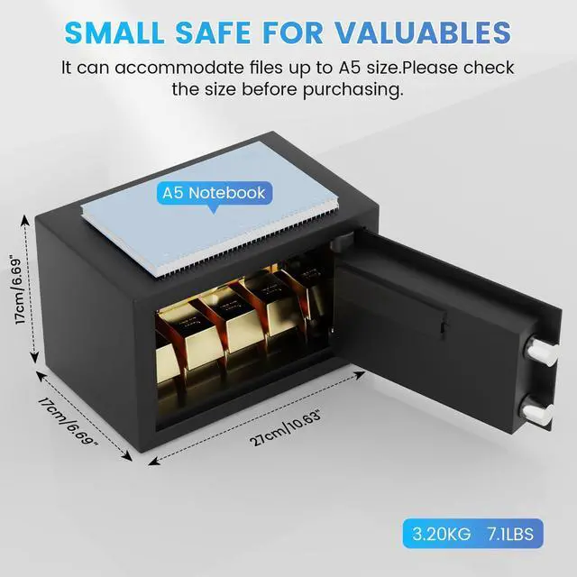 Alt view image 3 of 7 - Small Safe for Home, 6.69"H Safe Box with Fireproof Waterproof Bag | Money Safe with Alarm System, Sensor LED Light, Wall/Floor Mountable, Hidden Safes for for College Dorm Room