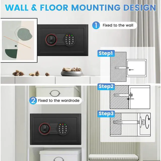 Alt view image 7 of 7 - Small Safe for Home, 6.69"H Safe Box with Fireproof Waterproof Bag | Money Safe with Alarm System, Sensor LED Light, Wall/Floor Mountable, Hidden Safes for for College Dorm Room