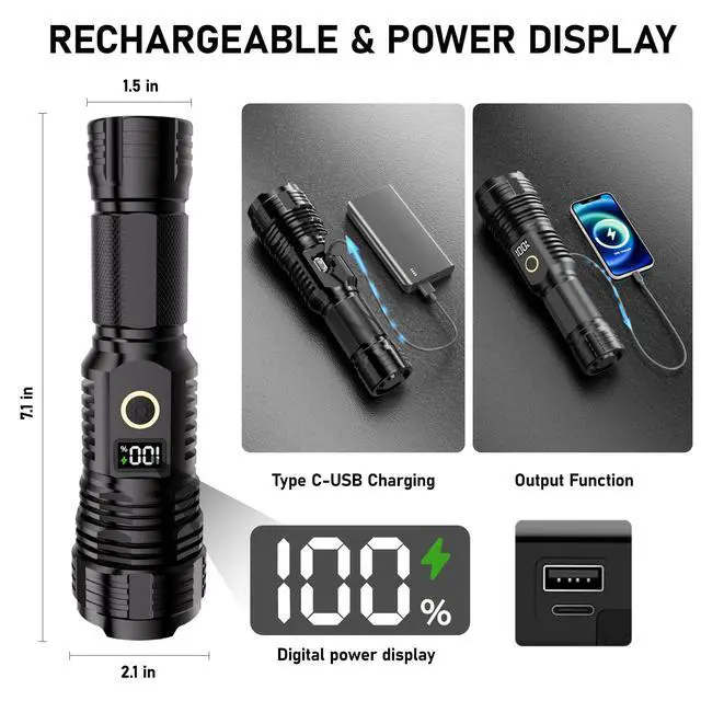 Alt view image 3 of 7 - Rechargeable Flashlights High Lumens, 100000LM LED Super Bright Flash Light | LCD Display, Long Range & Long Lasting, Zoomable, Waterproof, 5 Modes, Tactical Linternas for Home Emergencies Camping