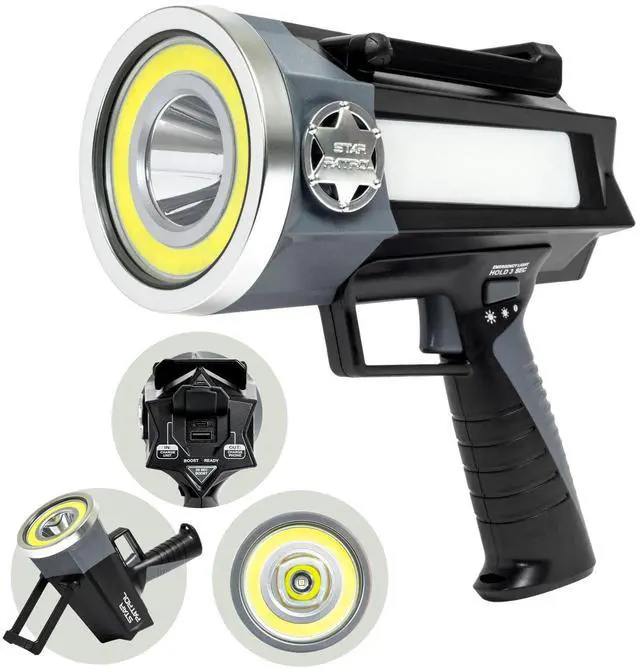 Main image of Platinum Rechargeable Spotlight, Tactical Flashlight, 10 Modes | Super Bright Rechargeable Spotlight with 10 Light Modes, Turbo Boost, Phone Charger & Kickstand for Camping & Emergencies