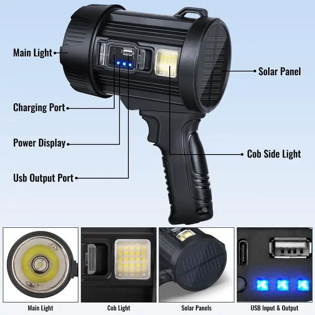 Alt view image 7 of 7 - Rechargeable Spotlight,2000000 LM Super Bright Handheld Spot Light LED Flashlight High Lumens,Powered Spotlight Large Searchlight Outdoor with Solar Panels for Boating Camping Hunting