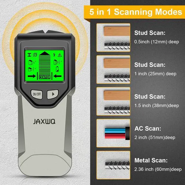 Alt view image 3 of 7 - Stud Finder Wall Scanner - 5 in 1 Stud Finder Tool w/Smart Chip and HD LCD Display, Stud Detector Beam Finders for the Center and Edge of Wood AC Wire Metal Studs Joist Pipe (Grayish)