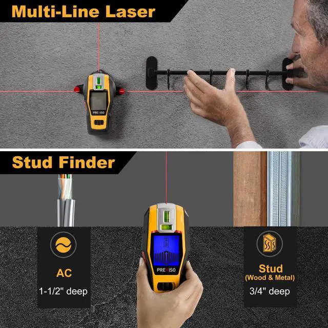 Alt view image 2 of 7 - 2-in-1 Stud Finder with Laser Level, Rechargeable Cross Line Laser | Multi Surface Lazer Leveler Wall Stud Scanners Tool for Hanging Frame & Picture, Wood Ac Wire Metal Stud Joist Pipe Detection