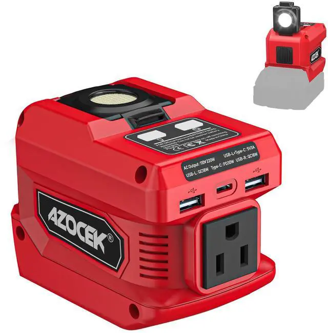 Main image of 220W Power Inverter Compatible with Milwaukee 18V Battery | Battery not included, DC 18V to AC 110V Portable Power Station, 2 USB Ports & 1 Type-C Fast Charging, 400LM LED Work Light
