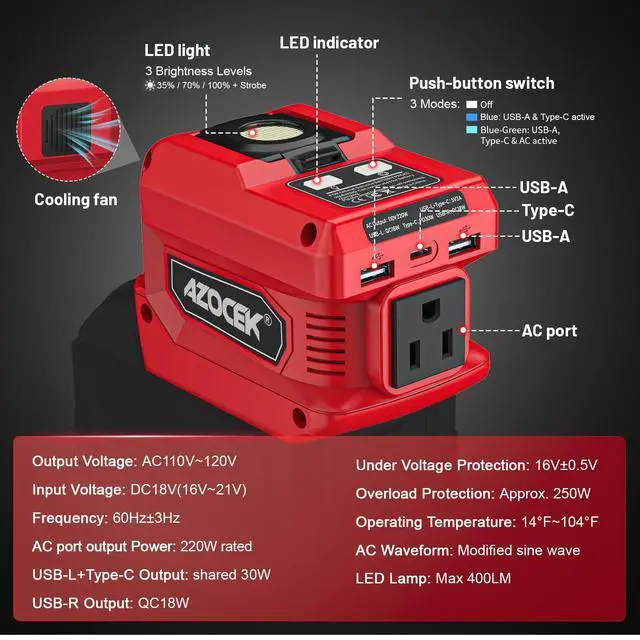 Alt view image 2 of 7 - 220W Power Inverter Compatible with Milwaukee 18V Battery | Battery not included, DC 18V to AC 110V Portable Power Station, 2 USB Ports & 1 Type-C Fast Charging, 400LM LED Work Light