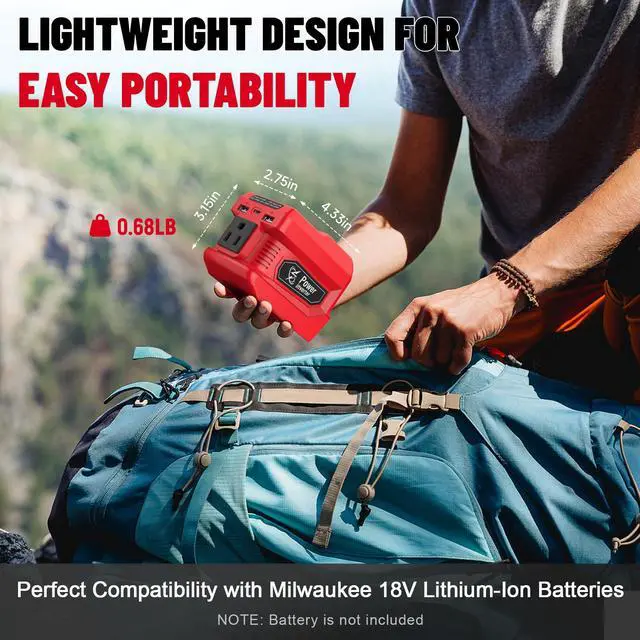Alt view image 3 of 7 - 220W Power Inverter Compatible with Milwaukee 18V Battery | Battery not included, DC 18V to AC 110V Portable Power Station, 2 USB Ports & 1 Type-C Fast Charging, 400LM LED Work Light