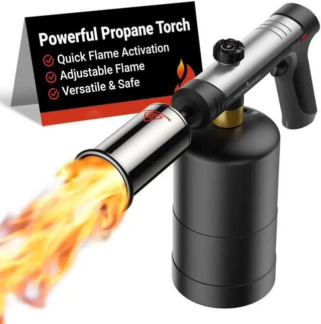 Main image of Propane Torch Gun, One-Touch Max Fire Flame Thrower, Silver | Safety Lock, Adjustable Flame for Charcoal Lighting, Grilling, Sous Vide, BBQ, and Kitchen Food Searing (Tank Not Included)