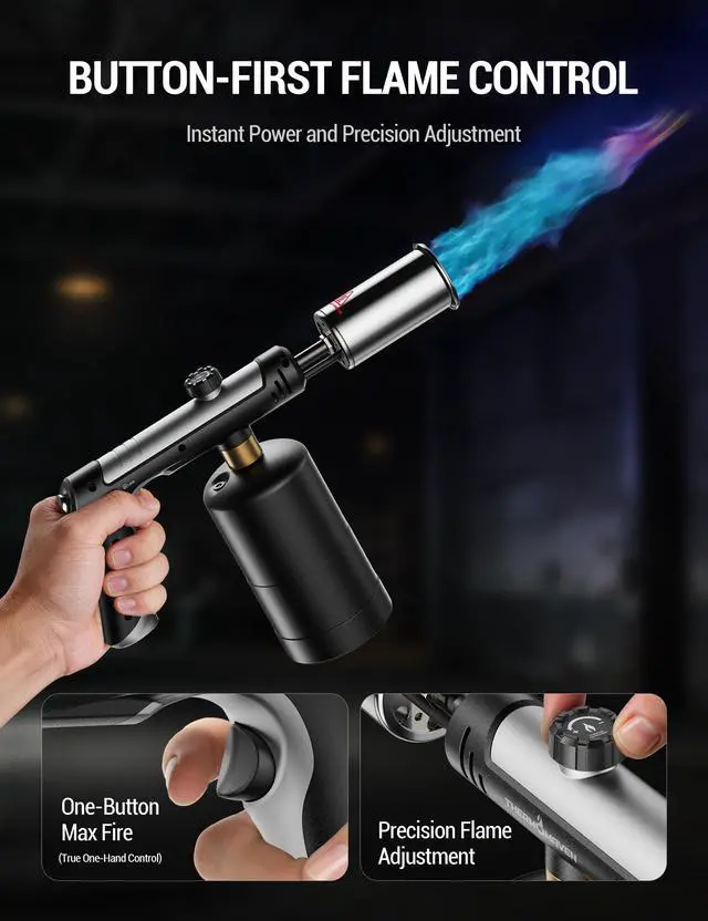 Alt view image 3 of 7 - Propane Torch Gun, One-Touch Max Fire Flame Thrower, Silver | Safety Lock, Adjustable Flame for Charcoal Lighting, Grilling, Sous Vide, BBQ, and Kitchen Food Searing (Tank Not Included)