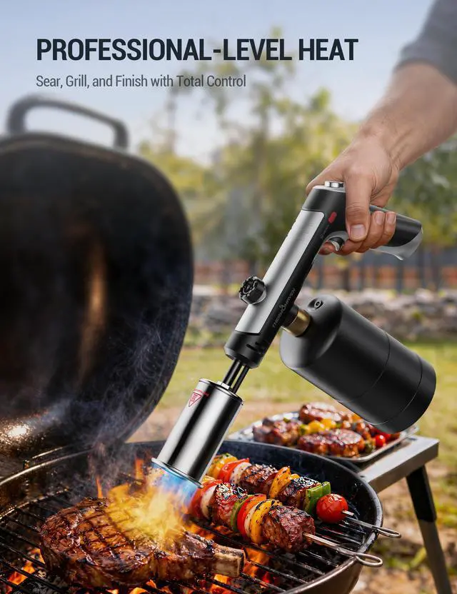 Alt view image 5 of 7 - Propane Torch Gun, One-Touch Max Fire Flame Thrower, Silver | Safety Lock, Adjustable Flame for Charcoal Lighting, Grilling, Sous Vide, BBQ, and Kitchen Food Searing (Tank Not Included)