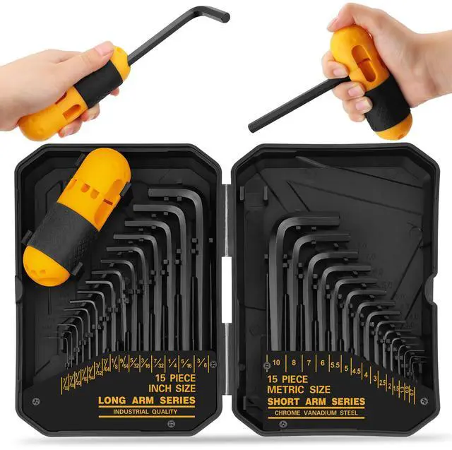 Main image of 31-Piece Hex Key Set - Allen Wrench Set, SAE and Metric Allen Keys MM(0.7mm-10mm) SAE(0.028"-3/8) Heat-Treated, Torque Handle, High Leverage, Long & Short Keys, Easy Organization