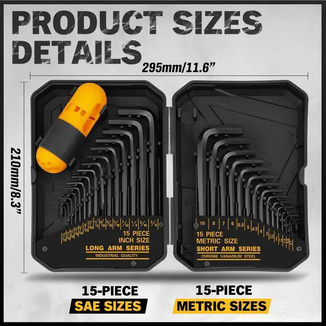 Alt view image 2 of 7 - 31-Piece Hex Key Set - Allen Wrench Set, SAE and Metric Allen Keys MM(0.7mm-10mm) SAE(0.028"-3/8) Heat-Treated, Torque Handle, High Leverage, Long & Short Keys, Easy Organization