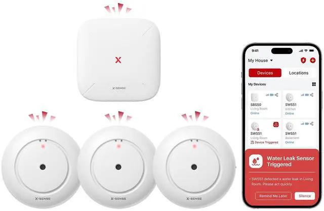 Main image of Wi-Fi Water Leak Detector Kit, 120 dB, 3 Sensors + Base, SWS54 | Real-Time Alerts, 1804 ft Range, IP66 Waterproof, Detects Water as Low as 0.4 mm, for Sinks & Washers