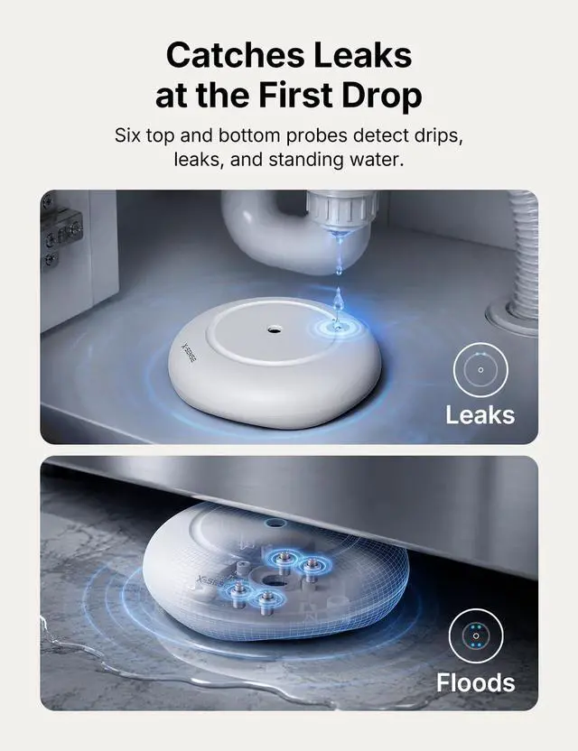 Alt view image 2 of 7 - Wi-Fi Water Leak Detector Kit, 120 dB, 3 Sensors + Base, SWS54 | Real-Time Alerts, 1804 ft Range, IP66 Waterproof, Detects Water as Low as 0.4 mm, for Sinks & Washers