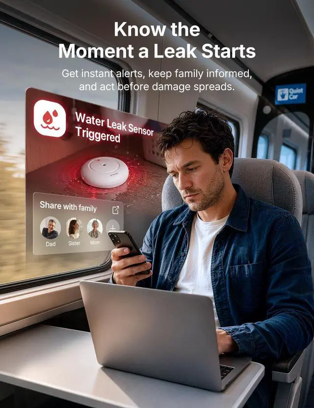 Alt view image 5 of 7 - Wi-Fi Water Leak Detector Kit, 120 dB, 3 Sensors + Base, SWS54 | Real-Time Alerts, 1804 ft Range, IP66 Waterproof, Detects Water as Low as 0.4 mm, for Sinks & Washers