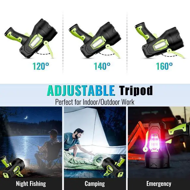 Alt view image 4 of 7 - Rechargeable Spotlight,2000000 LM Super Bright Handheld Spot Light LED Flashlight High Lumens,Powered Spotlight Large Searchlight Outdoor with Foldable Tripod for Boating Camping Hunting