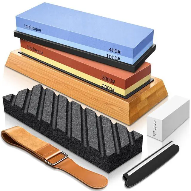 Main image of Complete Knife Sharpening Stone Set Dual Grit Whetstone 400/1000 3000/8000 Knife Sharpener with Leather Strop, Flattening Stone, Bamboo Base, 3 Non-slip Rubber Bases & Angle Guide