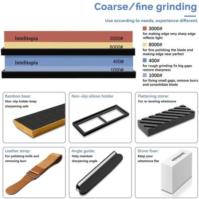 Alt view image 2 of 7 - Complete Knife Sharpening Stone Set Dual Grit Whetstone 400/1000 3000/8000 Knife Sharpener with Leather Strop, Flattening Stone, Bamboo Base, 3 Non-slip Rubber Bases & Angle Guide