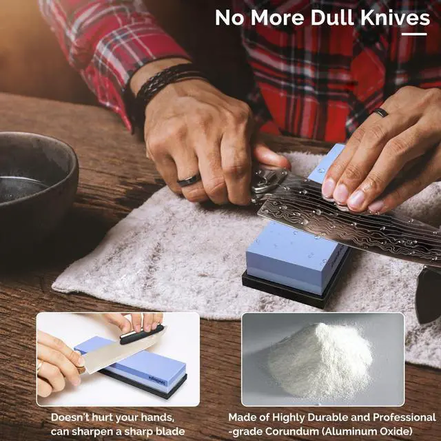 Alt view image 3 of 7 - Complete Knife Sharpening Stone Set Dual Grit Whetstone 400/1000 3000/8000 Knife Sharpener with Leather Strop, Flattening Stone, Bamboo Base, 3 Non-slip Rubber Bases & Angle Guide