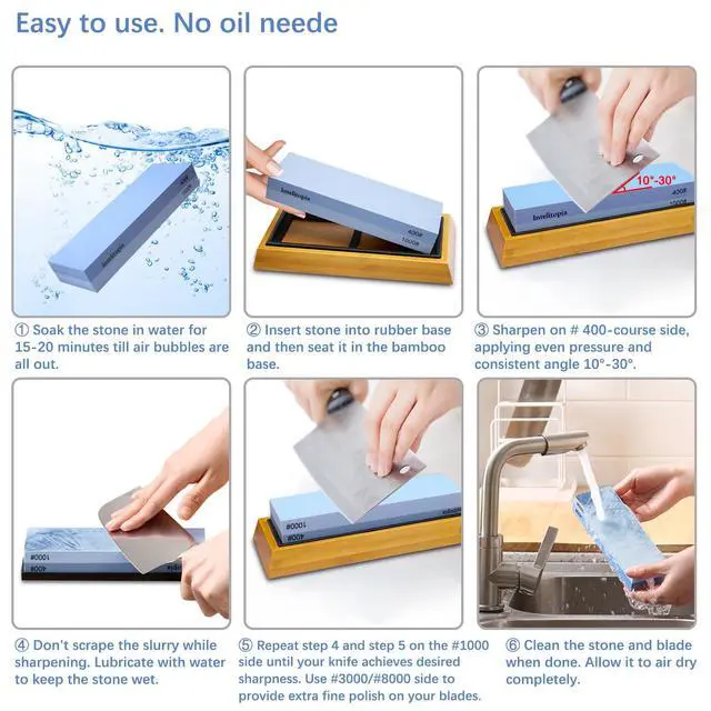 Alt view image 4 of 7 - Complete Knife Sharpening Stone Set Dual Grit Whetstone 400/1000 3000/8000 Knife Sharpener with Leather Strop, Flattening Stone, Bamboo Base, 3 Non-slip Rubber Bases & Angle Guide