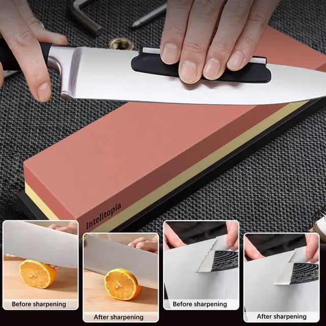 Alt view image 5 of 7 - Complete Knife Sharpening Stone Set Dual Grit Whetstone 400/1000 3000/8000 Knife Sharpener with Leather Strop, Flattening Stone, Bamboo Base, 3 Non-slip Rubber Bases & Angle Guide