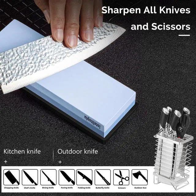 Alt view image 6 of 7 - Complete Knife Sharpening Stone Set Dual Grit Whetstone 400/1000 3000/8000 Knife Sharpener with Leather Strop, Flattening Stone, Bamboo Base, 3 Non-slip Rubber Bases & Angle Guide