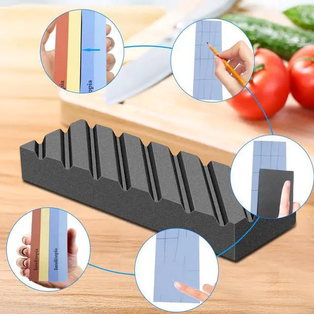 Alt view image 7 of 7 - Complete Knife Sharpening Stone Set Dual Grit Whetstone 400/1000 3000/8000 Knife Sharpener with Leather Strop, Flattening Stone, Bamboo Base, 3 Non-slip Rubber Bases & Angle Guide