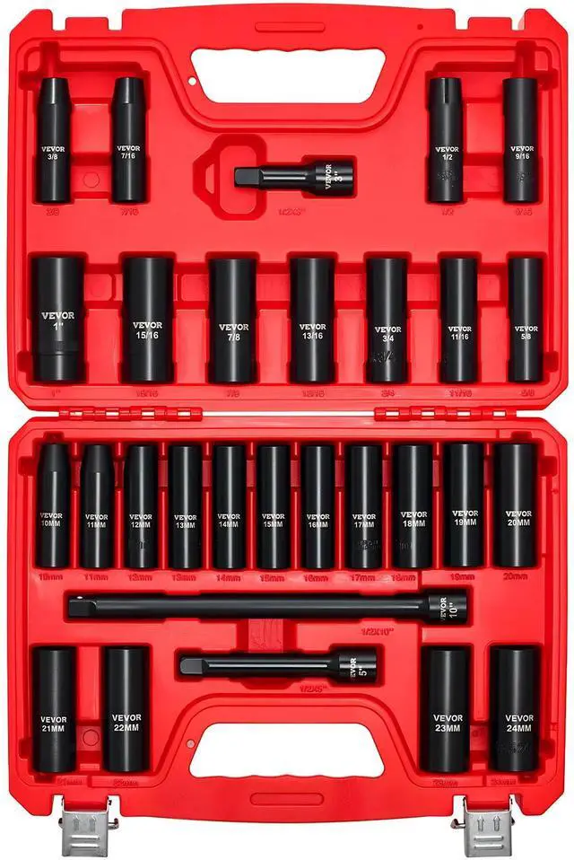 Main image of 1/2" Drive Impact Socket Set, 29-Piece Deep Sockets Standard SAE (3/8 to 1 inch) and Metric (10 to 24 mm) Size, 6 Point, CR-V Steel, Extension Bars (3", 5", 10")