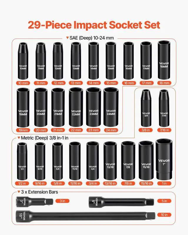 Alt view image 2 of 7 - 1/2" Drive Impact Socket Set, 29-Piece Deep Sockets Standard SAE (3/8 to 1 inch) and Metric (10 to 24 mm) Size, 6 Point, CR-V Steel, Extension Bars (3", 5", 10")
