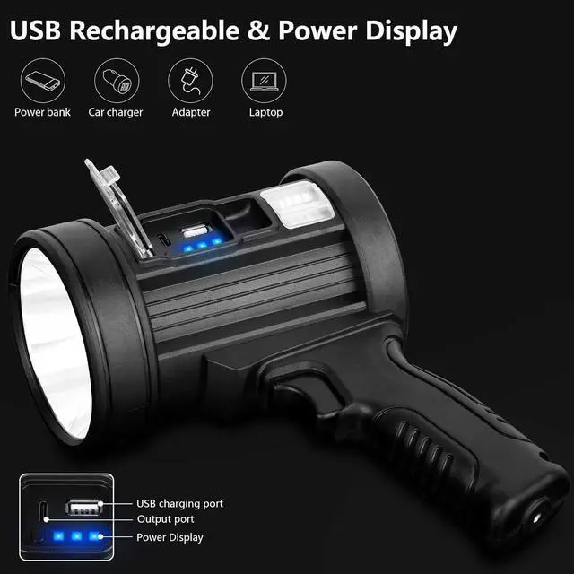 Alt view image 5 of 7 - Rechargeable Spotlight, 2,000,000 Lumens Handheld Hunting Flashlight Led Spot Light with Cob Light and Solar Panels, Lightweight and Super Bright Spotlight for Hunting Boating Camping