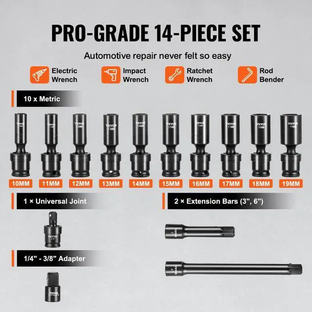 Alt view image 3 of 7 - 14PCS Universal Impact Socket Set - 3/8" Drive Deep Metric 10-19mm 6 Point - Swivel Socket with Flexible Wobble, CR-MO, Metric, Storage Case